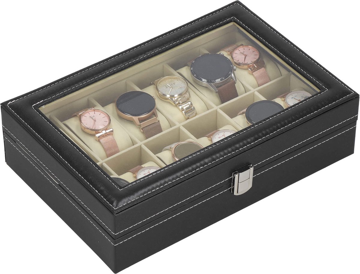 Springos Horlogedoos - Horlogebox - Horlogeopberger - Suède - Zwart - Grijs - 12 Horloges - 30 x 20 x 8 cm