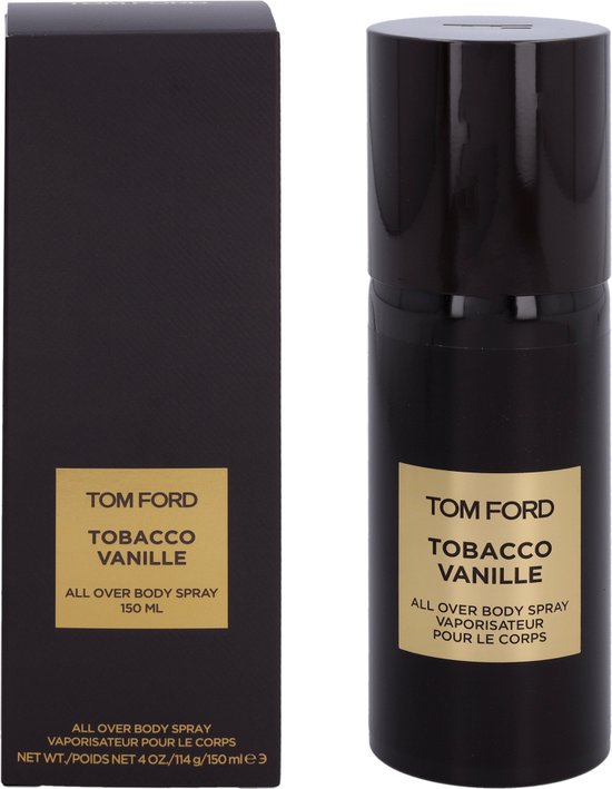 Tom Ford Tobacco Vanille body spray en doos, 150 ml, met goudkleurige etiketten.