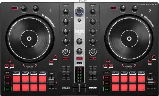 Hercules DJControl Inpulse 300 MK2 DJ-controller met twee decks, jogwheels, 16 rode pads en knoppen voor Serato en DJUCED.