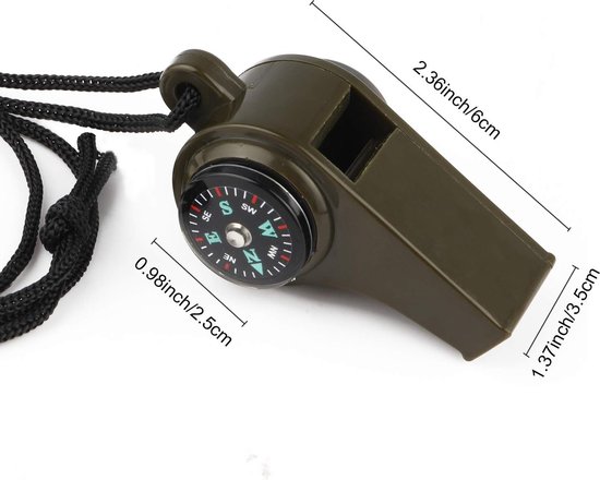 Noodfluitje met ledlicht, thermometer, kompas, opslag van tondel voor wandelen, klimmen (oranje