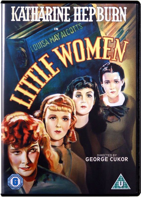 Poster van 'Little Women' met Katharine Hepburn, met vier vrouwen in jaren '30 kleding.