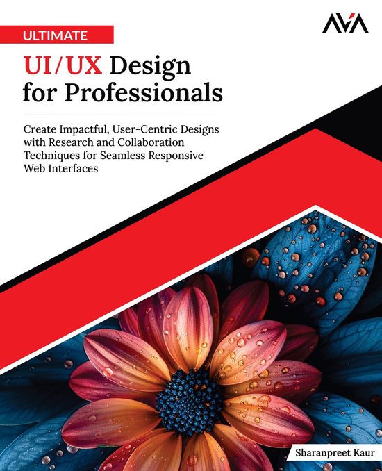 Boek 'Ultimate UI/UX Design for Professionals' met een macrofoto van een bloem met waterdruppels.