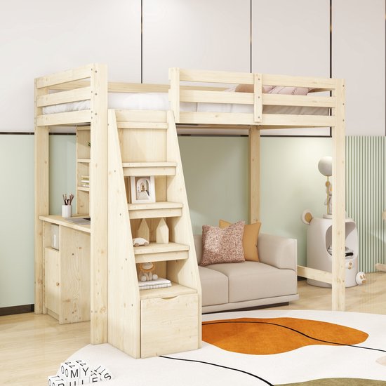 Sweiko Hoogslaper - 90 x 200 cm - met Bureau - Boekenrek - Lades - Natuurlijke (zonder bank)