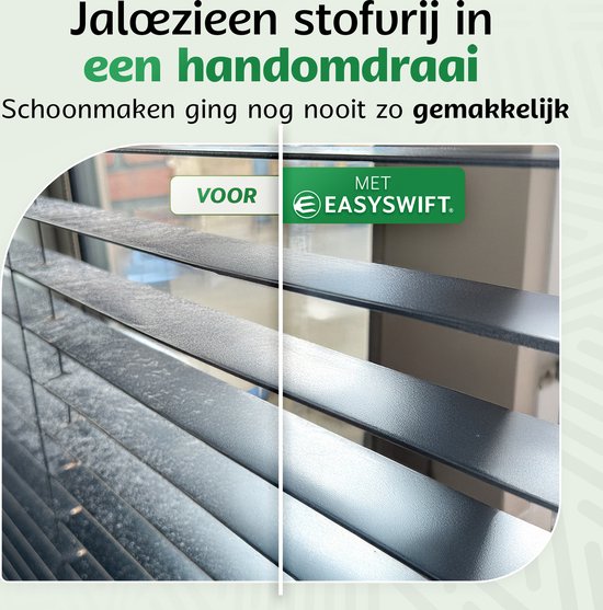 Voor-en-na afbeelding van een raam met jaloezieën. Links stoffig, rechts schoon dankzij EASYswift.