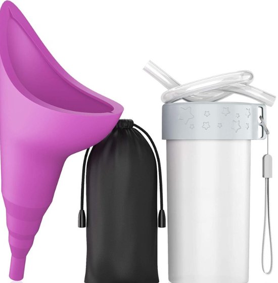 Roze urinoirtuitje, zwarte opbergzak en witte beker met rietje.