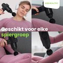 Collage van vier beelden van een vrouw die de zwarte 2BEHEALTHY massagegun XG10 gebruikt voor verschillende spiergroepen.