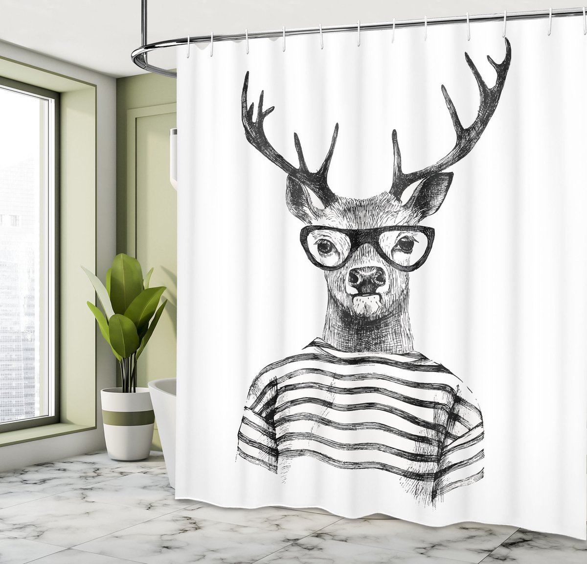 New Bed, Zwart Wit Streep Hert Douchegordijn Anti Schimmel, Shower Curtain Badkamer Decor Set met Haakjes, 180x200 cm