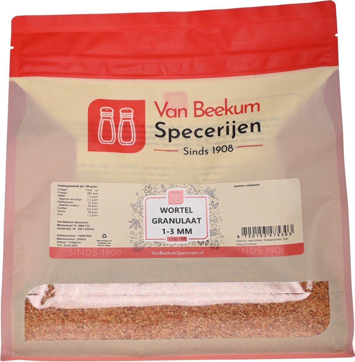 Goedkoopste Van Beekum Specerijen - Wortel Granulaat 1-3 mm - 1 KG (hersluitbare stazak