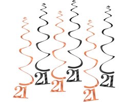 Q2Party - 21 Jaar Swirl - Slinger - Leeftijd - Versiering - Verjaardag - decoratie - Feest - Hangdecoratie - Rose Goud/Zwart – 6 stuks