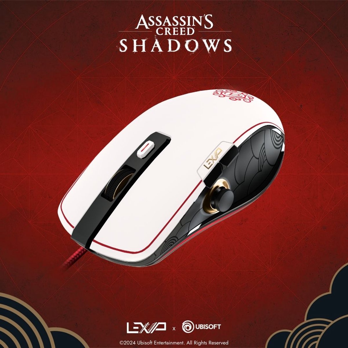 LEXIP X UBISOFT - Assassin's Creed Shadows - USB Gaming Muis - Exclusief design - USB Kabel - Geschikt voor PC - Optische PAW3327 Sensor 12000 DPI - Gepatenteerde keramische muisvoeten en duimjoystick - zwart, wit, rood