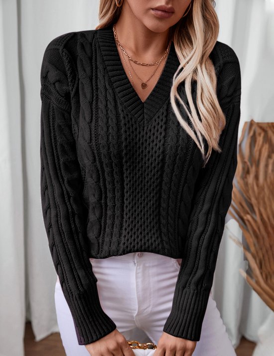 Zwarte Gebreide Trui V Hals Dames Dames Zwart Dames Argyle Geruite