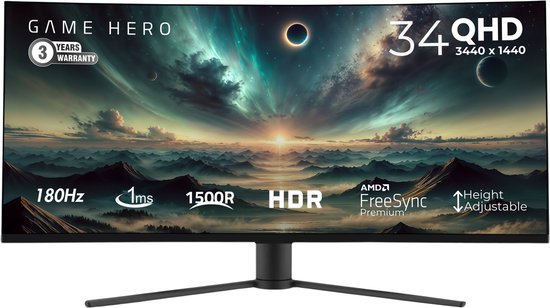GAME HERO® 34 inch QHD VA Curved Monitor - Gaming Monitor - 180hz Monitor - 1ms