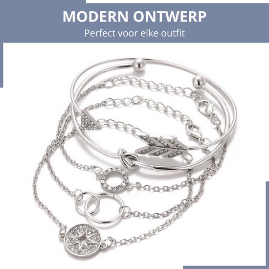 Verzameling van 5 zilverkleurige armbanden met schakels, cirkels, sterren en pijlvormige details, getoond op een witte achtergrond.