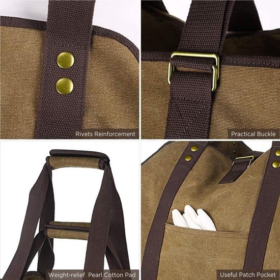 Details van kaki canvas houtmand: klinknagels, gesp, gewichtsontlasting, katoenen pad en zak.