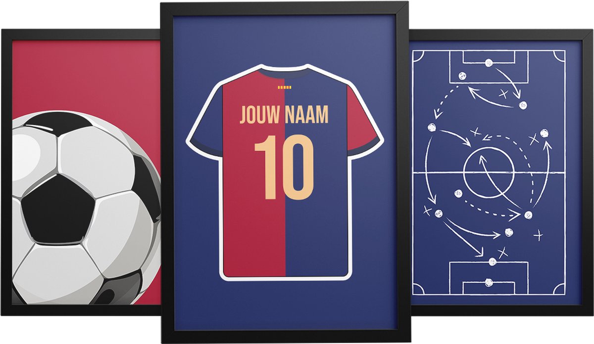 Kleurmedia Barcelona Voetbal Poster - Gepersonaliseerd met jouw naam - 3 Luik - Voetbal Shirt Poster - Close-Up Collectie - Formaat 30 x 40 cm - Een uniek voetbal cadeau Barcelona poster