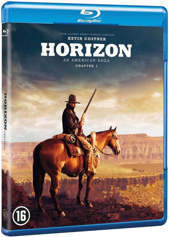 Blu-ray hoes van 'Horizon: An American Saga - Chapter 1'. Cowboy op paard met geweer in woestijnlandschap.
