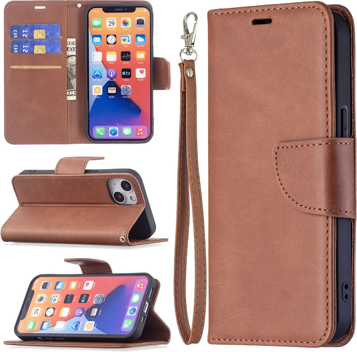 MobyDefend Hoesje - Geschikt voor iPhone 13 - Wallet Book Case Met Koord - Bruin