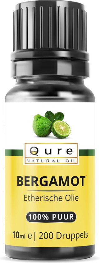 Qure Bergamot Etherische Olie flesje met 2 bergamotvruchten. 10 ml, 200 druppels, 100% puur.