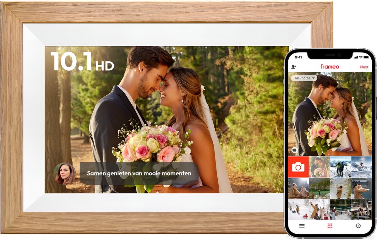 Digitale fotolijst met WiFi en Frameo App - 10.1 inch HD+ IPS Display - Fotokader met Touchscreen - 32GB - Bruin/Wit - Frameo digitale fotolijst - digitale fotokader - digitaal fotolijstje