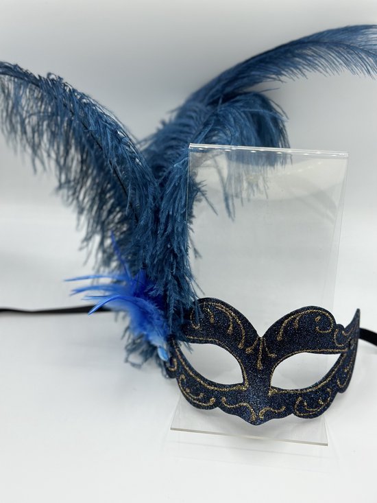 Venetiaans masker blauw met veren - Blauw glitter masker met veren - gala masker voor vrouwen - oogmasker carnaval - carival masker -