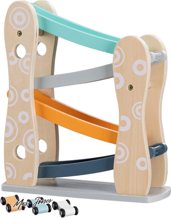 Mrs. Jones Houten knikkerbaan met autootjes - Autoracebaan incl. 3 auto's - Ballenbaan speelgoed vanaf 18 maanden - Unisex racebaan - Hout .