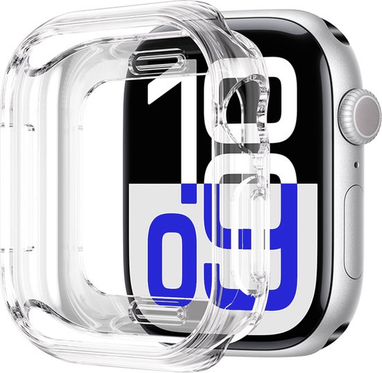 Transparant, flexibel Apple Watch hoesje dat over een smartwatch wordt geschoven.