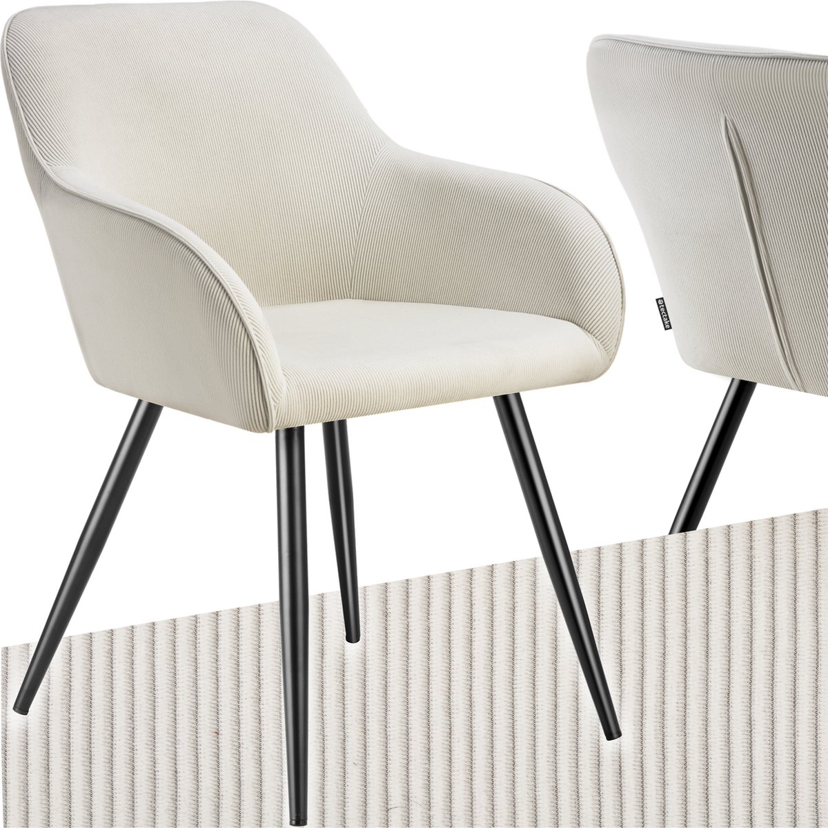 Tectake Eetkamerstoelen Marilyn - Gestoffeerde Stoelen met Koordlook/ribstof - Zwarte Stoelpoten - Ergonomische Keukenstoel - Stoel voor Eetkamer, Woonkamer, Slaapkamer - Creme crème zwart