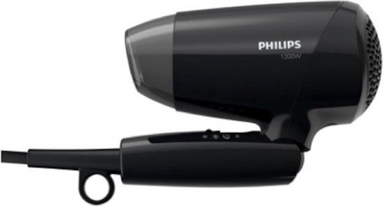 Zwarte Philips föhn met inklapbaar handvat, 1200W, 2 snelheden en 3 temperatuurinstellingen.