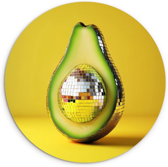 WallCircle® Wandcirkel 30x30 cm - Muurcirkel Avocado - Discobal - Geel - Glitter - Muurdecoratie woonkamer - Wanddecoratie keuken - Kamer decoratie accessoires - Ronde schilderijen