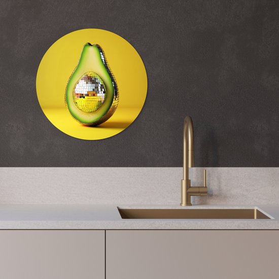 WallCircle® Wandcirkel 30x30 cm - Muurcirkel Avocado - Discobal - Geel - Glitter - Muurdecoratie woonkamer - Wanddecoratie keuken - Kamer decoratie accessoires - Ronde schilderijen