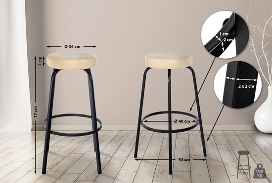 CLP Kamari Tabouret de bar - avec structure en métal - avec repose-pieds - simili cuir crème