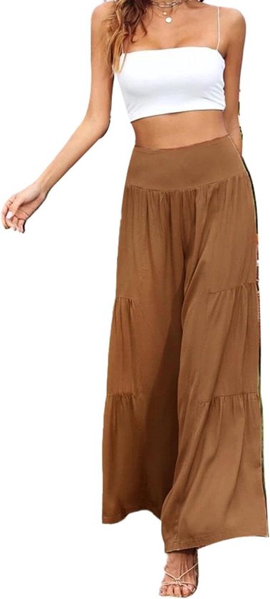 Wijde Pijpen Damesbroek - Elastische Zomerbroek Hoge Taille Lange Vrijetijdsbroek - Khaki