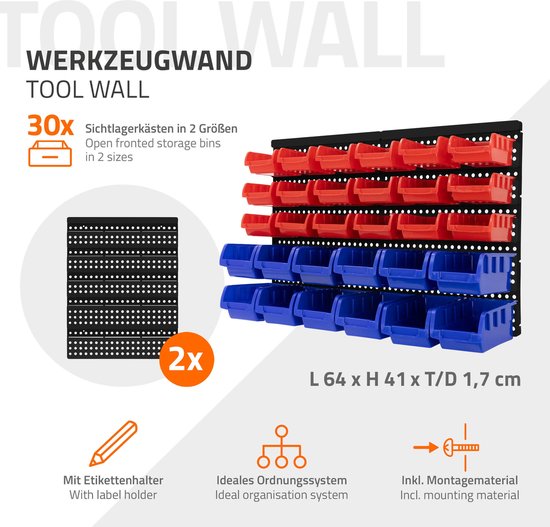 botle 60 stuks gereedschapshouders voor werkplaats, wandmontage, rood, moersleutel, schroevendraaier, tang