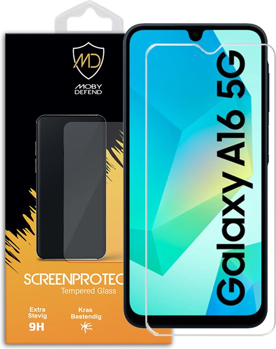MobyDefend screenprotector verpakking met een transparante "Galaxy A16 5G" screenprotector.