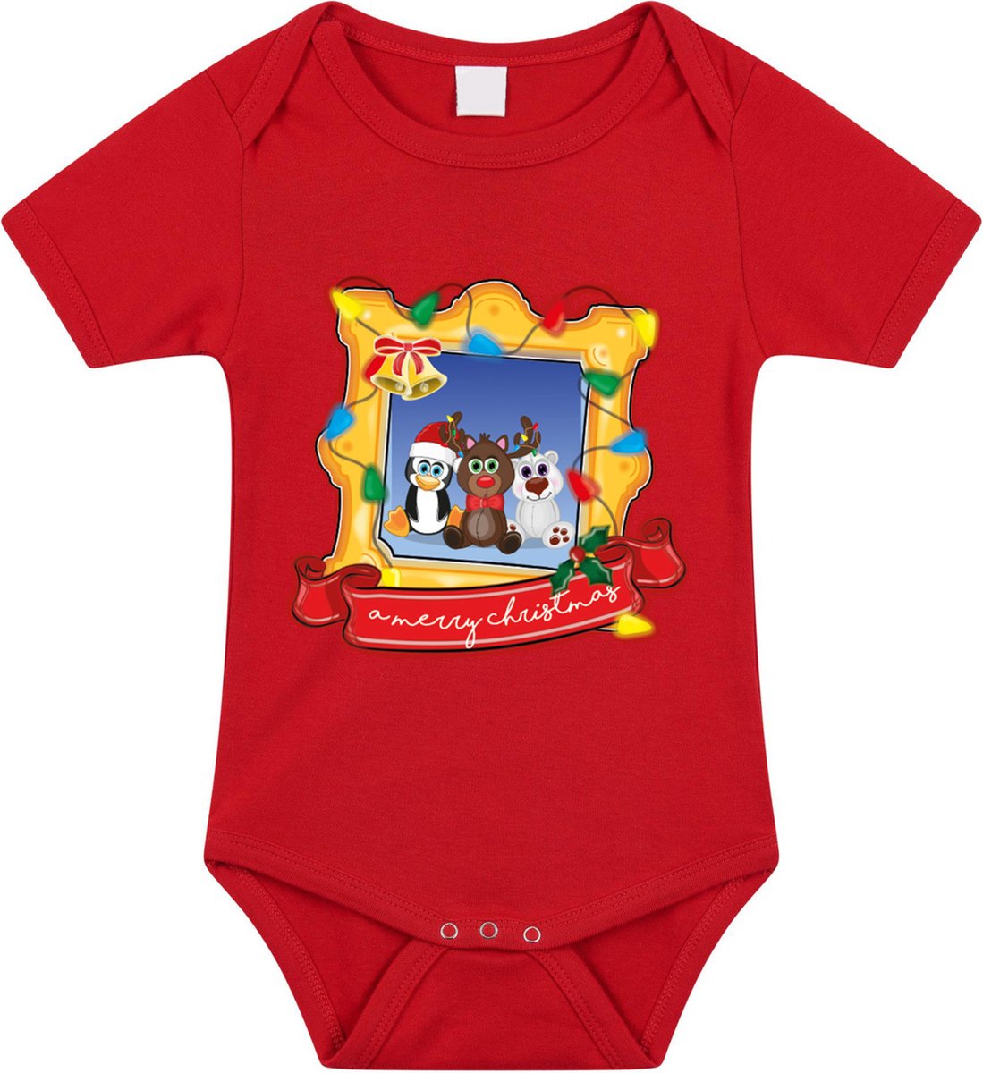 Bellatio Decorations Kerst baby rompertje - rood - diertjes - Merry Christmas - Kerst cadeau 68