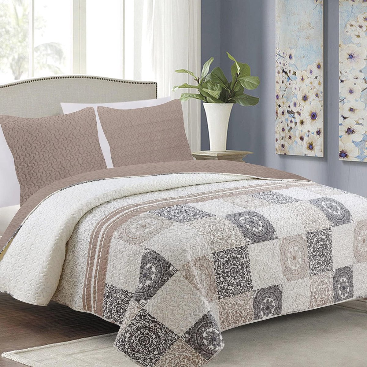 Driedelige set sprei en kussenslopen - Beige, Grijs, Ecru - 180 x 220 cm + 2x 40 x 40 cm