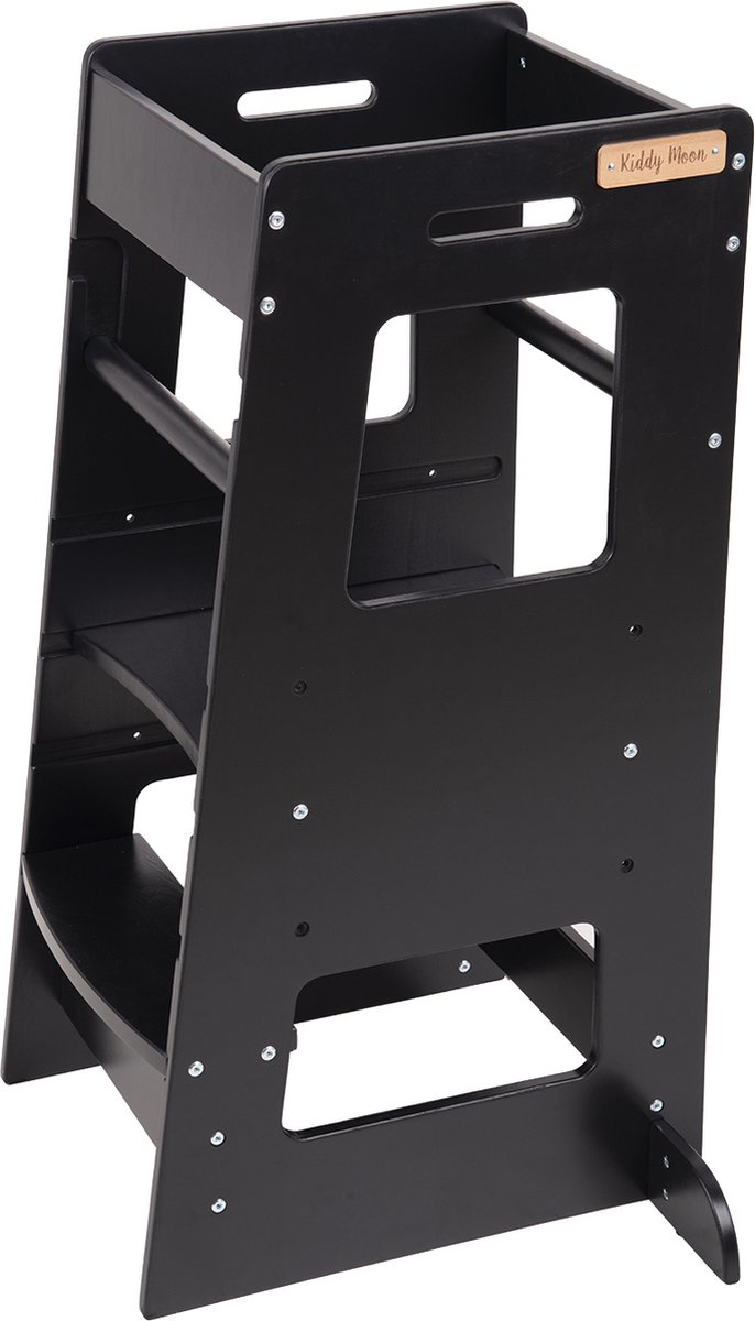 KiddyMoon Leertoren voor kinderen Houten - Montessori meubilair - In hoogte verstelbaar - Opstapkrukje - Toddlers stool - Leerstoel baby - Kinderstoel - Montessori kitchen helper Hout - Keukenhulp - Keukentoren - Kindertrap - Zwart