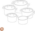 Schetsmatige weergave van een set van 5 roestvrijstalen kookpotten met glazen deksels.