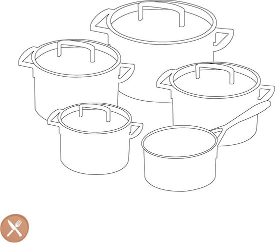 Schetsmatige weergave van een set van 5 roestvrijstalen kookpotten met glazen deksels.