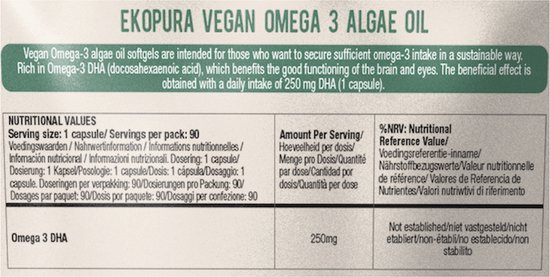Achterkant van de verpakking met voedingswaarde-informatie voor Ekopura Vegan Omega 3 Algenolie.
