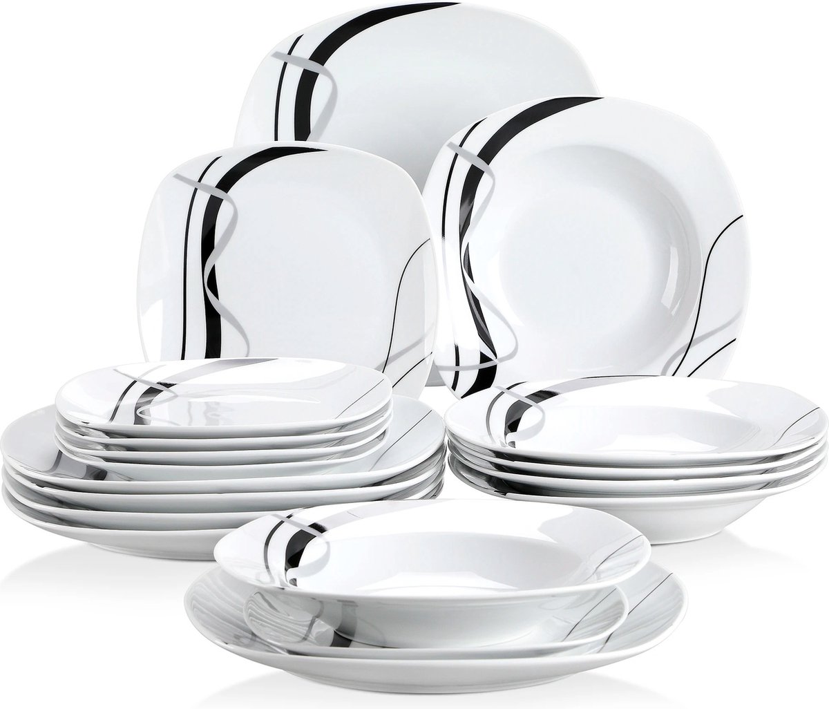 Serviesset - 6 Persoons Servies - Porselein - Diner-, Soep- en Dessertborden - 18-delige Set - Wit - Zwart - Zilver