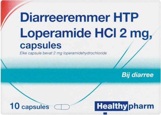 Verpakking met 10 capsules Diarreeremmer HTP Loperamide HCl 2 mg. "Bij diarree" en "Healthypharm" logo.