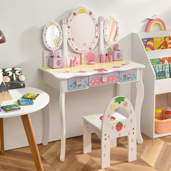COSTWAY Make-uptafel voor kinderen, roze kaptafel, prinsessenkaptafel met lade en afneembare spiegel, voor meisjes van 3 tot 7 jaar, wit