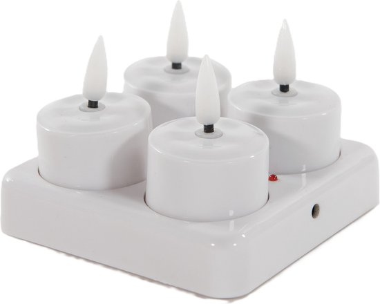 Anna's Collection Oplaadbare LED theelichtjes - 4x st - wit - H5 cm - met oplaadstation