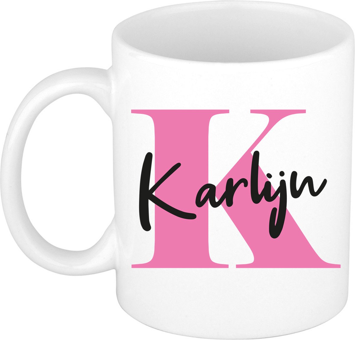 Bellatio Decorations Naam mok Karlijn - roze - wit - keramiek - 300 ml - cadeau beker