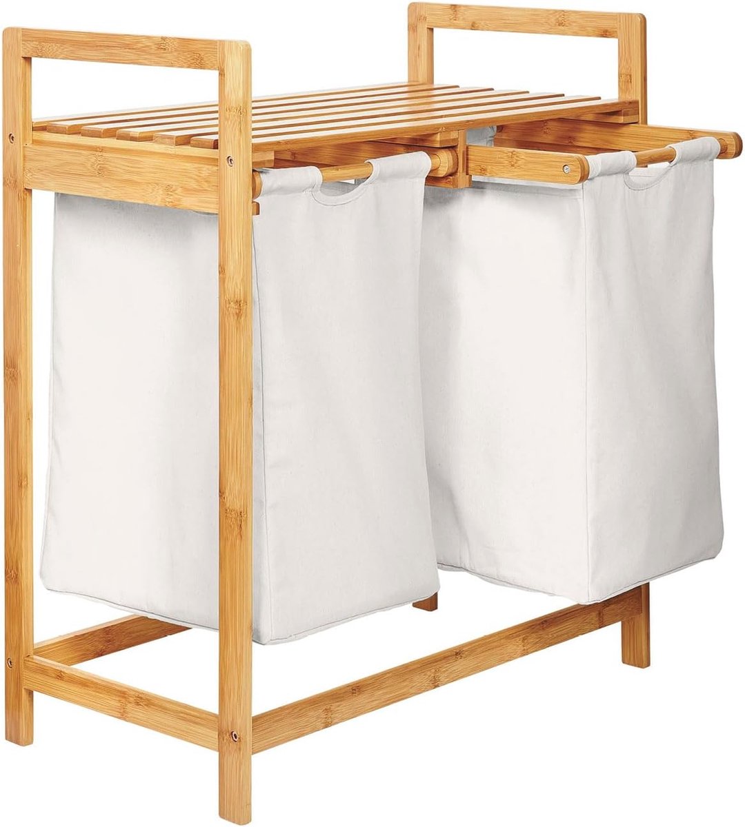 Goedkoopste Bamboe Wasmand met 2 Uittrekbare Waszakken - Wit - 73 cm Hoog x 64 cm Breed x 33 cm Diep