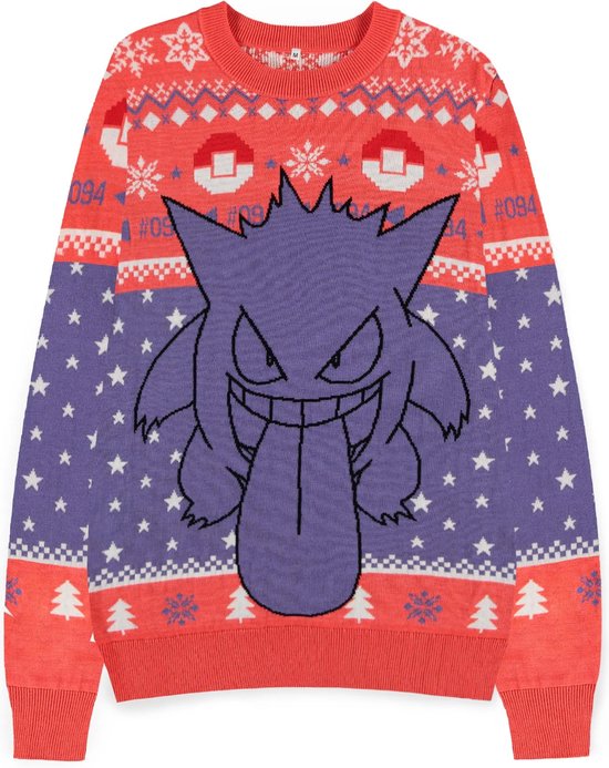 Kersttrui met Gengar aan de voorkant, rode bovenkant met Pokeballs en witte sterren, paarse onderkant met witte sterren.
