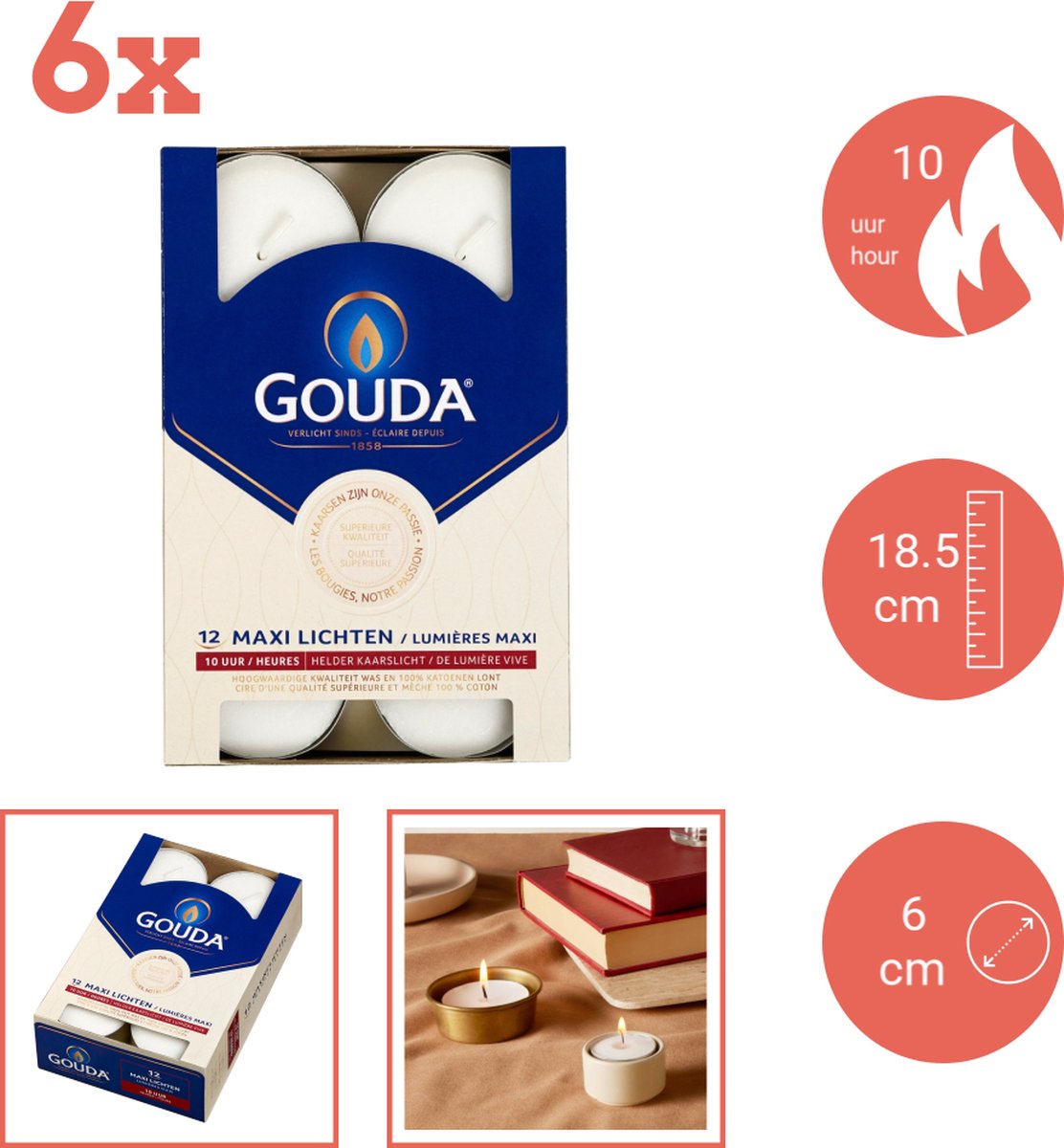 Gouda - Maxi - Theelichten - 12 stuks per verpakking - Doos - Voordeelverpakking - 72 stuks - 6 verpakkingen
