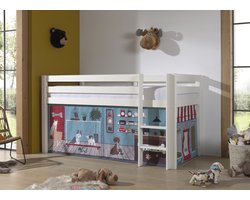 LUCEVI - Pino Halfhoogslaper H115CM + Ladder + Pet Shop Gordijntjes - Wit - 90x200 cm