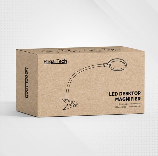 Doos met Regal Tech LED Desktop Magnifier, 54 LED's, dimbaar, 3 kleuren, USB.